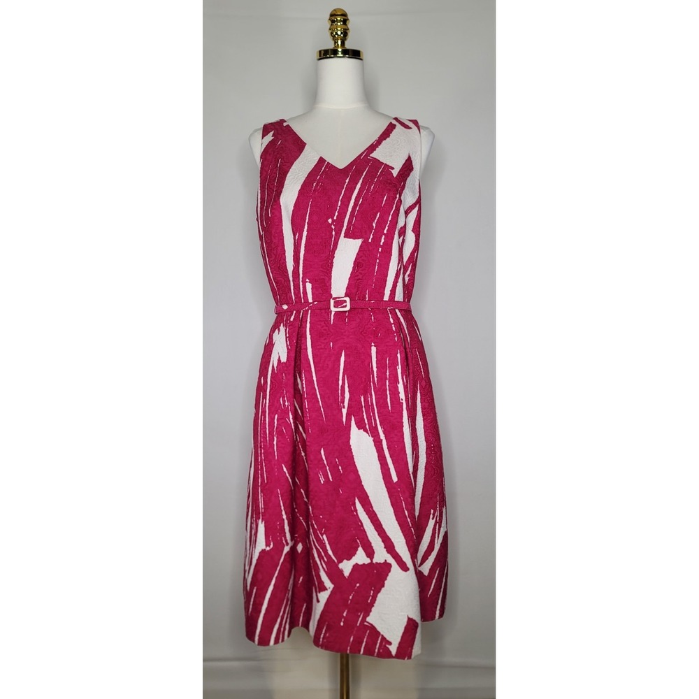 David Meister Pink White Jacquard Fit & Flare Dress Size 10 Belted Pockets